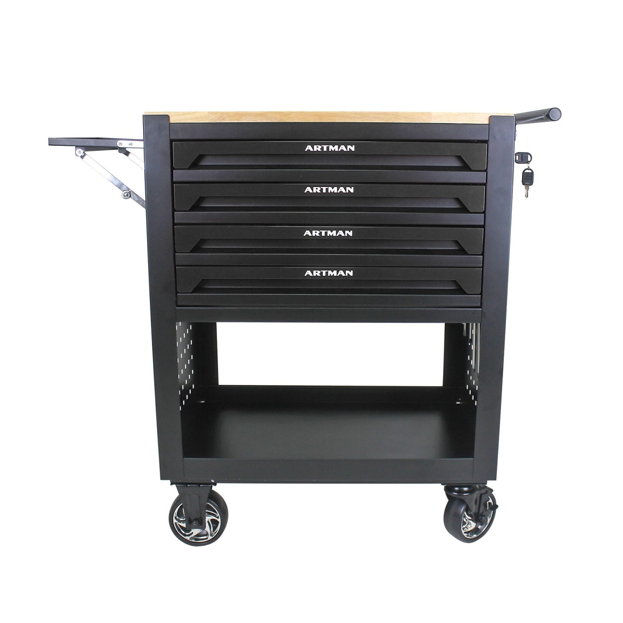 BlackTeck 4-Drawer Multi-Purpose Tool Chest — Black, Mobile, Powder-Coated Steel, Solid Oak Worktop, Model# N2-111184
